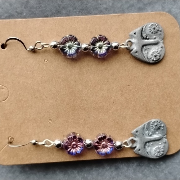 Hand Crafted Jewelry - Hand Crafted Czech Glass Flower And Cat Charm Earrings